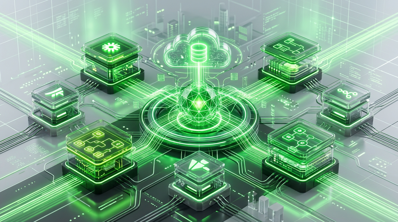 A conceptual 3D graphic illustrating artificial intelligence nodes integrating with a central cloud database, representing modern AI workflow automation.