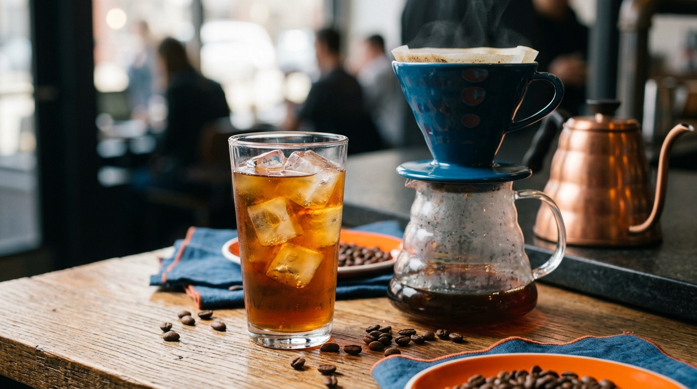 A crystal-clear glass of Japanese iced coffee filled with large ice cubes, sitting on a wooden table next to a pour-over dripper.