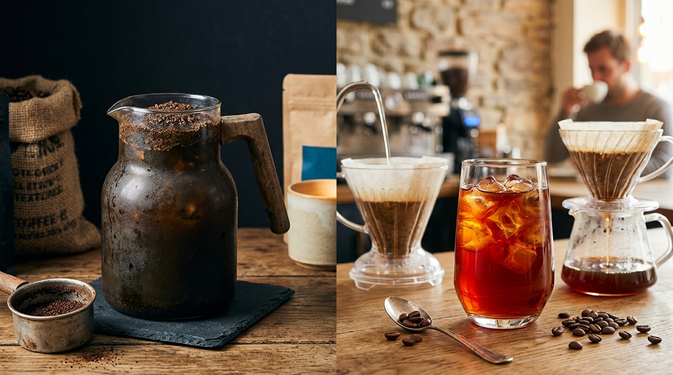A side-by-side comparison showing a dark, murky pitcher of cold brew next to a bright, translucent glass of ruby-toned flash brewed coffee.