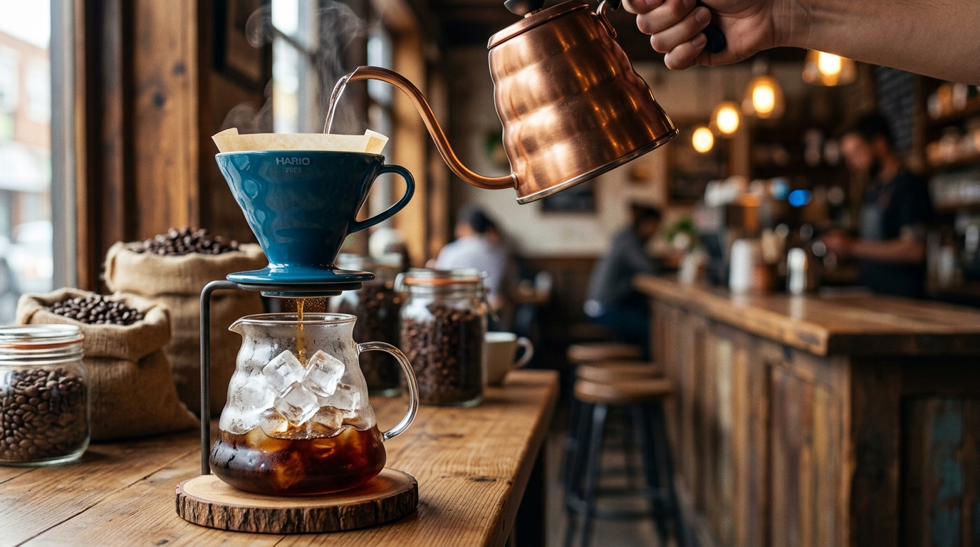 An infographic-style illustration showing hot water pouring over coffee grounds in a dripper, then instantly hitting precisely weighed ice cubes in the carafe below.