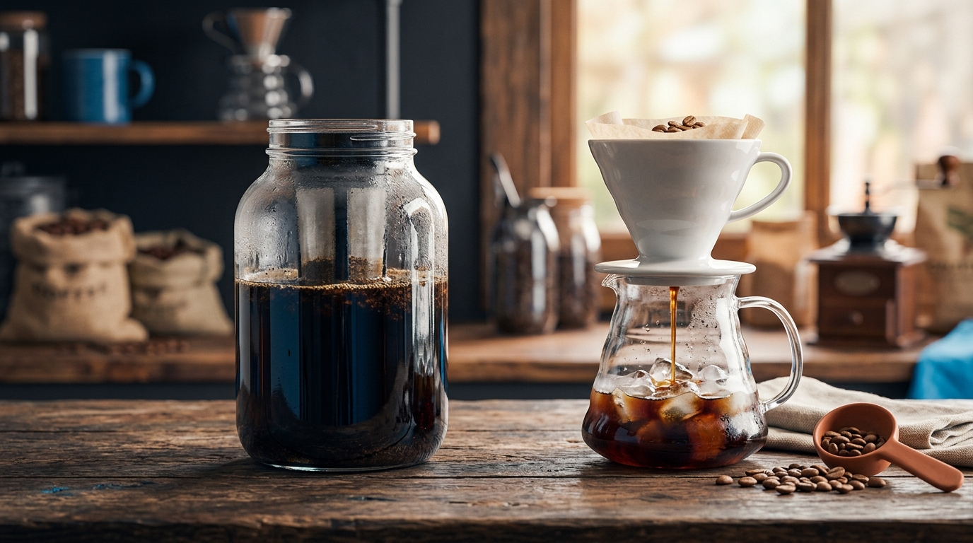 A large glass jar filled with dark cold brew coffee, illustrating the difference of flash chilling vs cold brew.