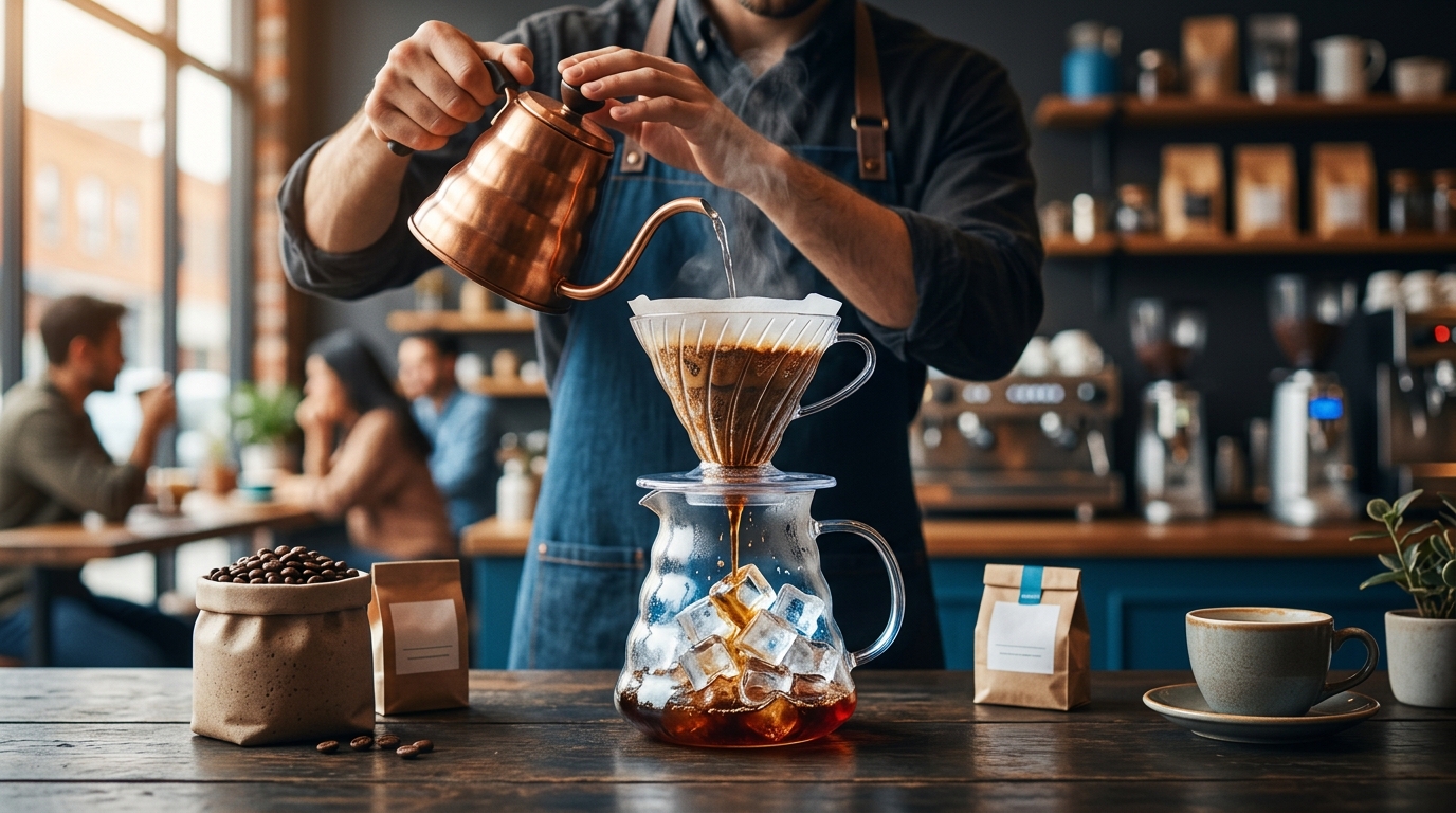 A barista pouring hot water over ice, demonstrating flash chilling vs cold brew techniques.