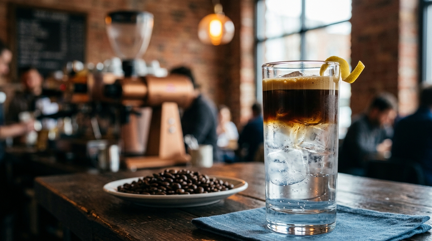 A tall glass of layered espresso tonic filled with ice, clear tonic water, and a dark layer of freshly pulled espresso, garnished with a lemon twist.