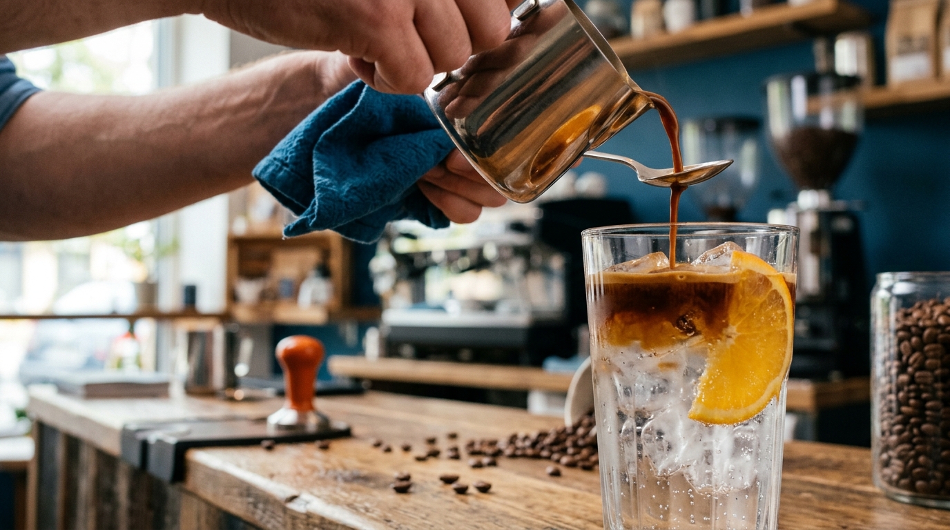 Close-up of a barista pouring a shot of espresso over a spoon into a glass of iced tonic water to create a perfect layered espresso tonic.