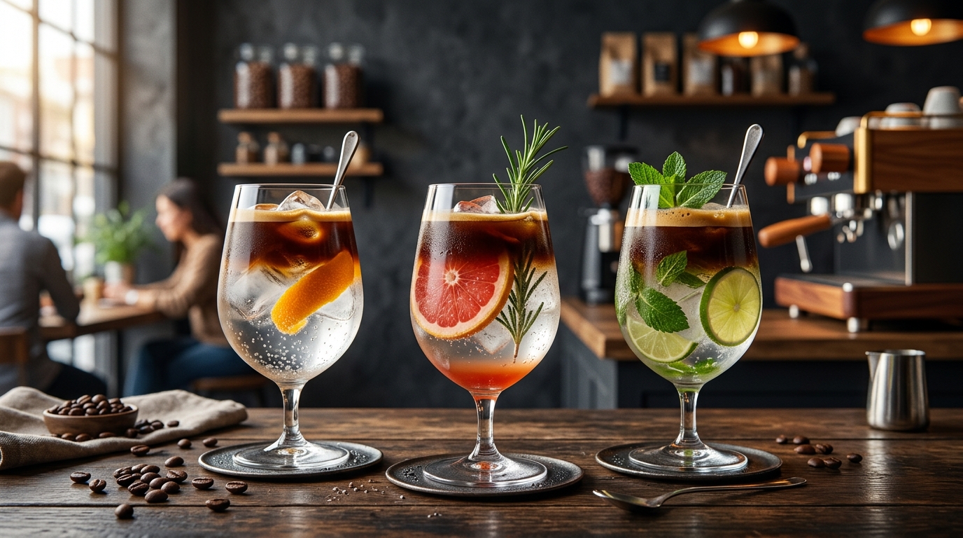 An infographic titled 'The Perfect Pour' showing three steps to make an espresso tonic: filling a glass with ice, pouring tonic water at an angle, and pouring espresso over the back of a spoon.