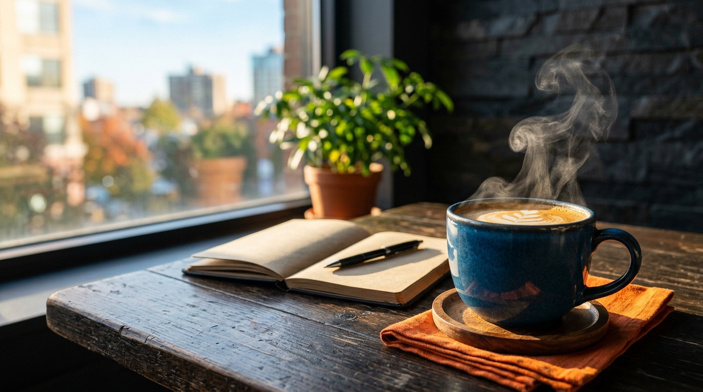 A cozy morning scene showing a steaming cup of coffee on a wooden table next to a window with morning sunlight streaming in, representing the best coffee timing.