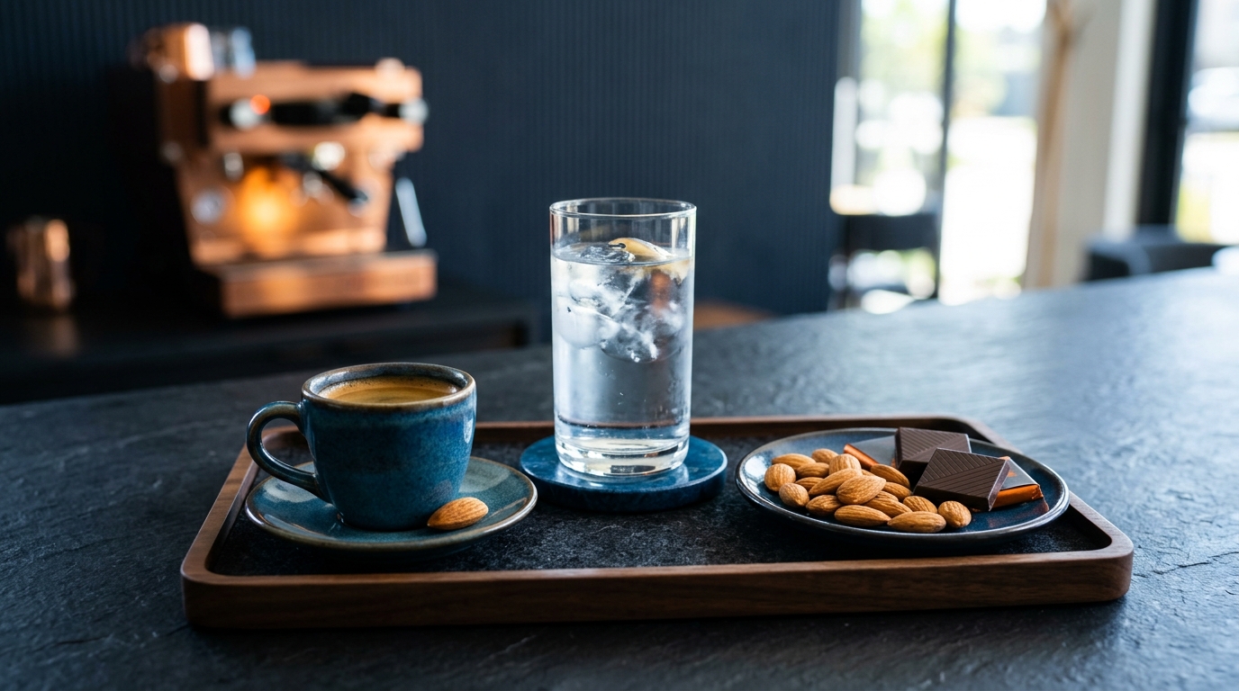 A beautifully arranged coffee tray featuring an espresso cup, a tall glass of iced water, and a small plate of almonds and dark chocolate, perfect for the best coffee timing.