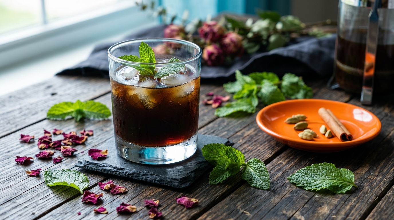 A close-up of a glass of cold brew coffee resting on a rustic wooden table, surrounded by scattered dried rose petals and mint leaves.