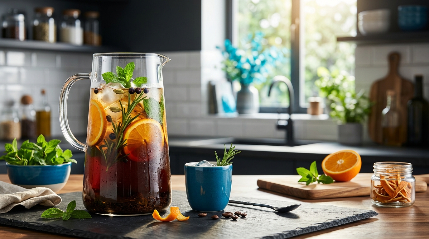 A clear glass pitcher filled with cold brew coffee, water, and fresh herbs steeping slowly in a bright, sunlit kitchen.