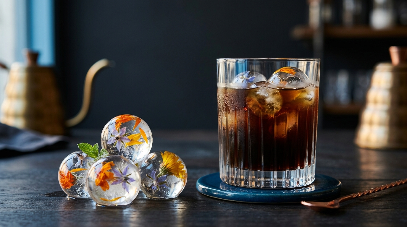 Crystal clear spherical ice cubes containing brightly colored edible flowers and small mint leaves, sitting next to a glass of iced coffee.