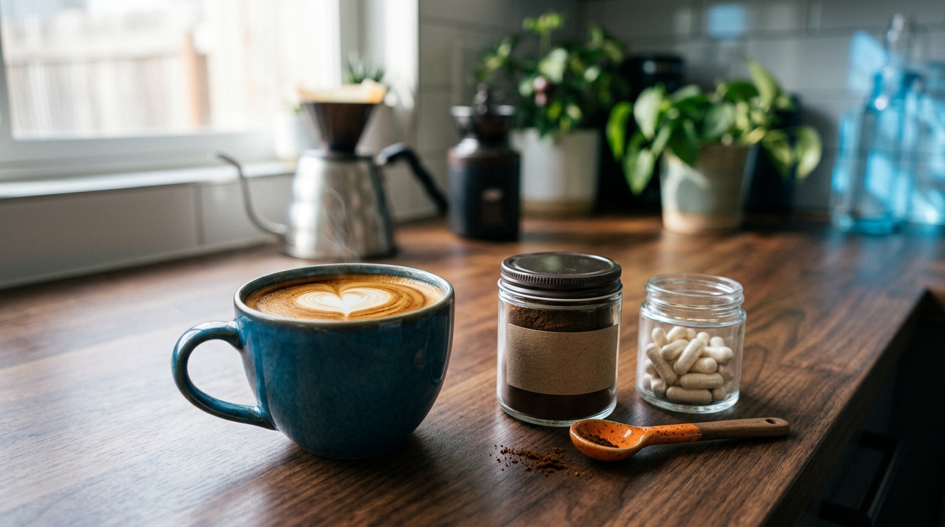 A beautifully poured cup of coffee sitting next to small, aesthetic jars of mushroom powder and L-theanine capsules on a wooden kitchen counter.