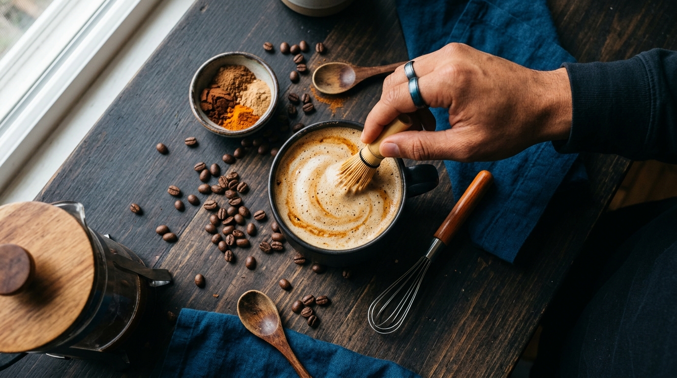 A top-down view of a person stirring a creamy, frothy functional coffee beverage in a ceramic mug, surrounded by scattered coffee beans and a small whisk.