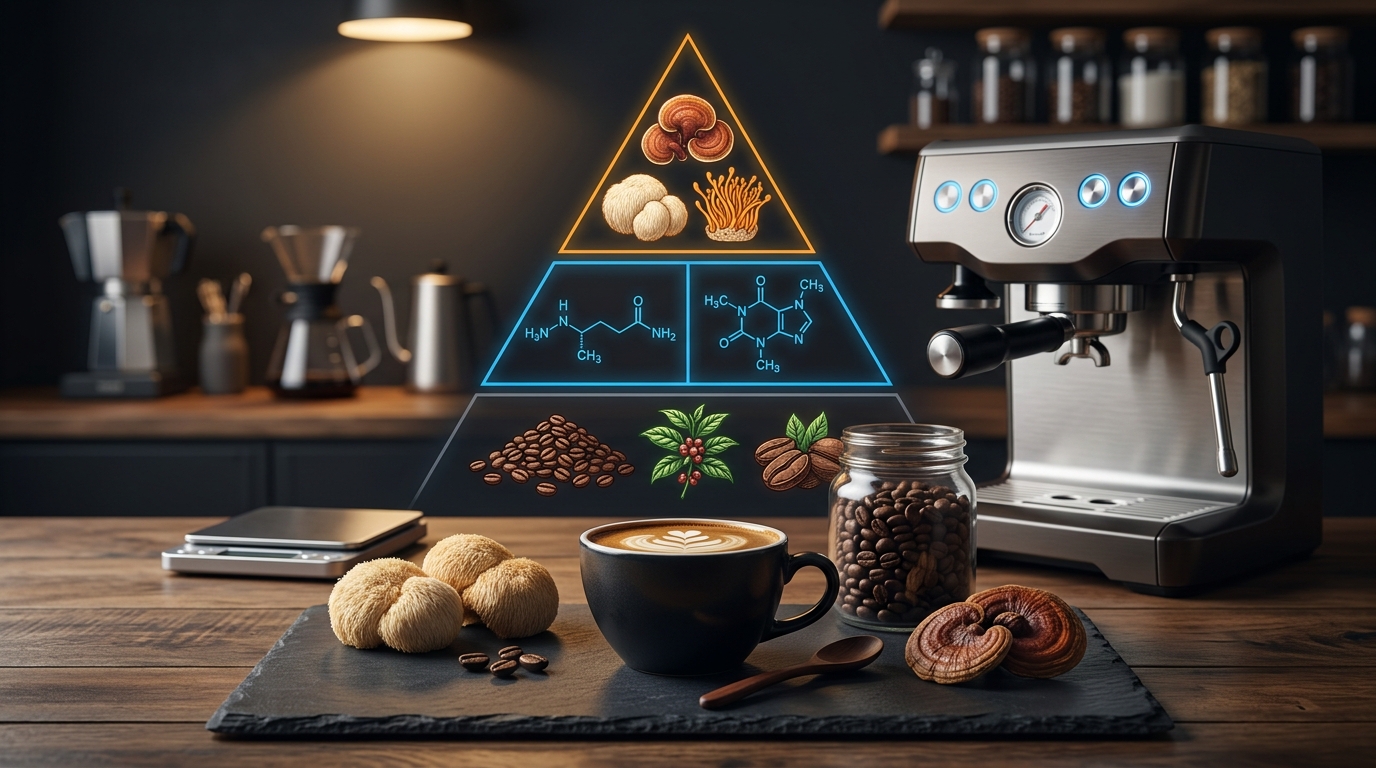A digital infographic illustration showing a three-tiered pyramid. The bottom tier shows coffee beans, the middle tier shows chemical structures for caffeine and L-theanine, and the top tier shows various medicinal mushrooms.