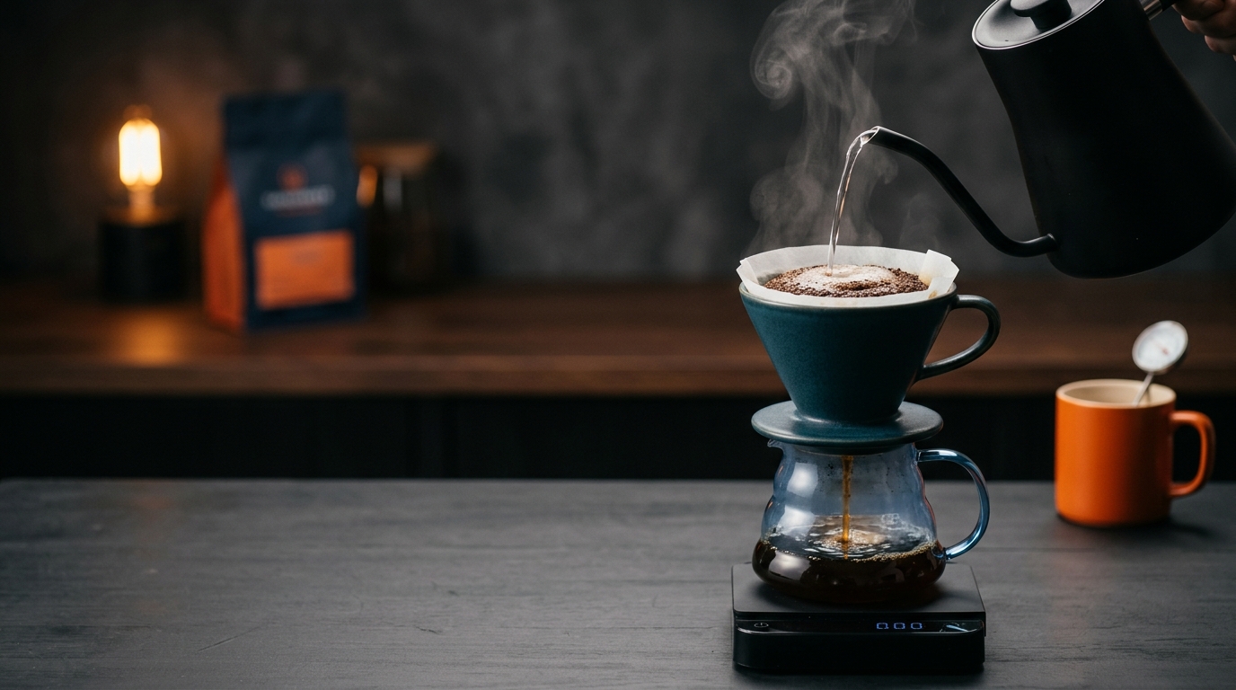 A close-up shot of hot water pouring from a gooseneck kettle, showing the ideal coffee water temperature for fresh coffee grounds in a pour-over dripper.