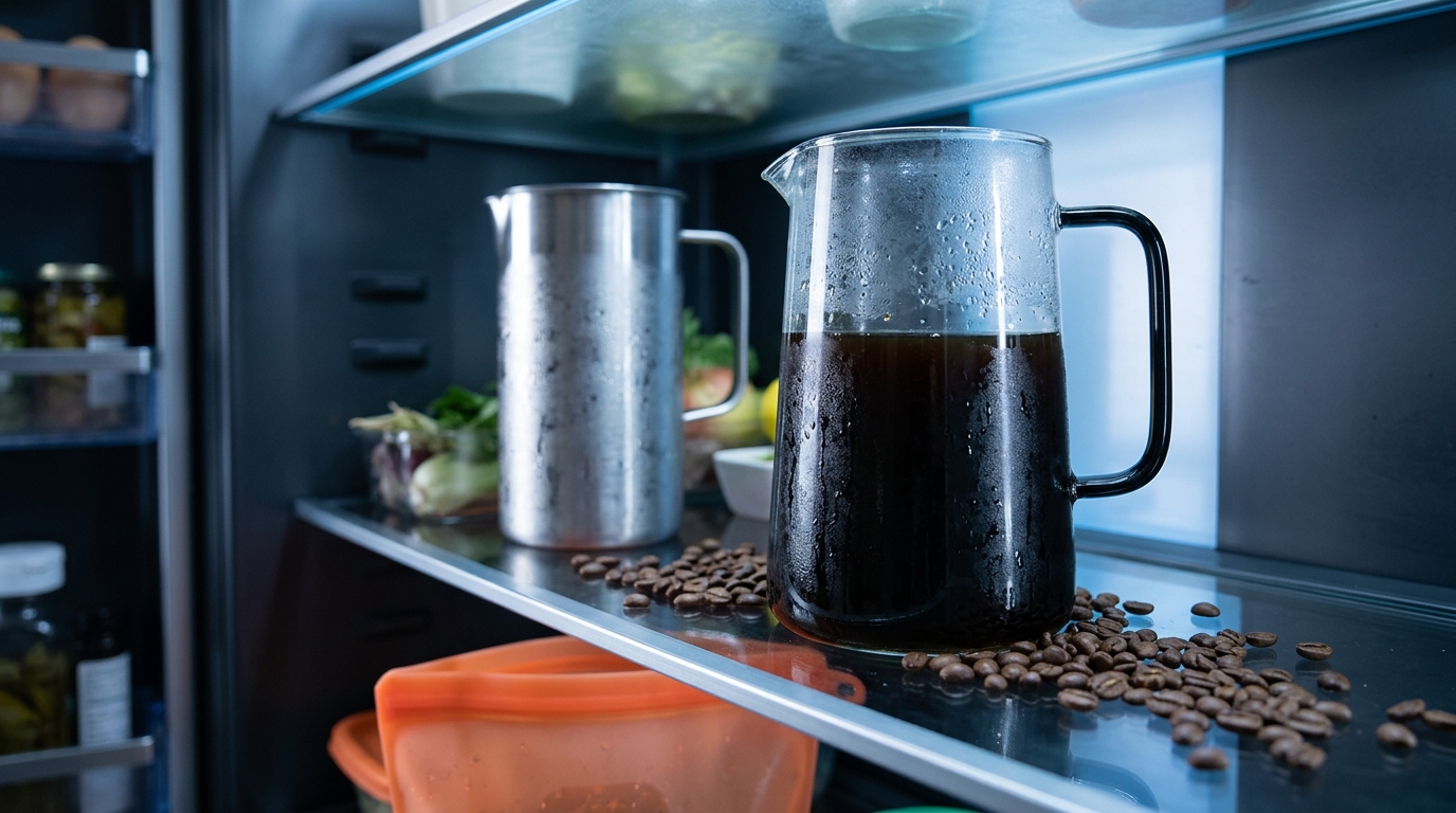 A glass pitcher of cold brew coffee resting inside a modern refrigerator, maintaining the correct coffee water temperature.