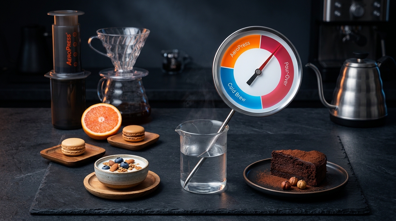 An infographic displaying a thermometer with color-coded temperature zones for cold brew (35-45°F in blue), aeropress (175-185°F in orange), and pour-over (195-205°F in red), along with ideal snack pairings next to each zone.