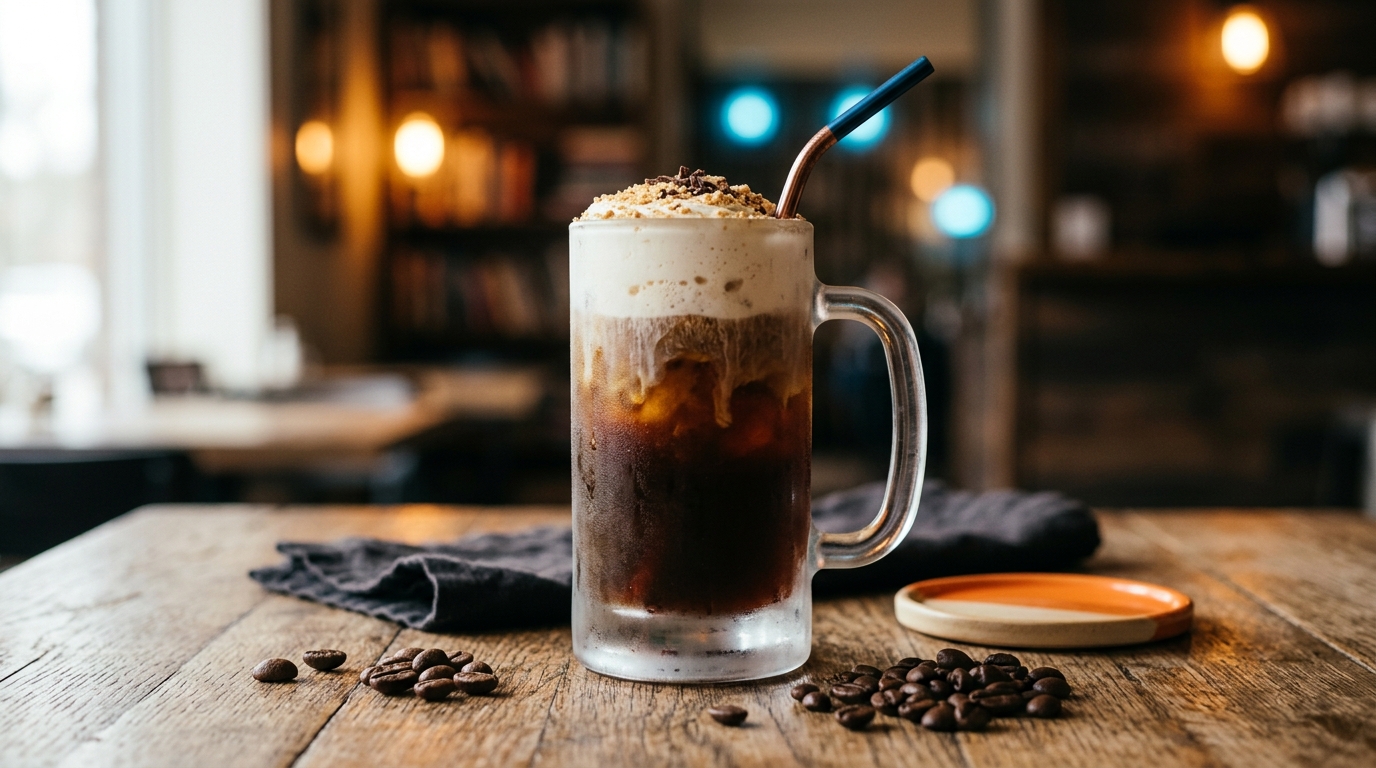 Delicious campfire cold brew mocktails topped with cream and graham cracker crumbs on a wooden table.