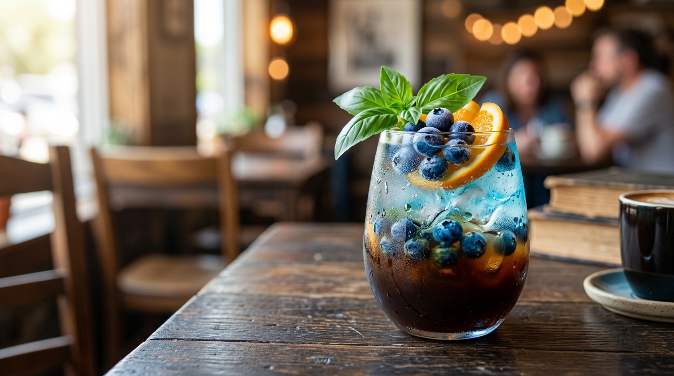 Vibrant and fruity cold brew mocktails garnished with fresh basil and frozen blueberries.
