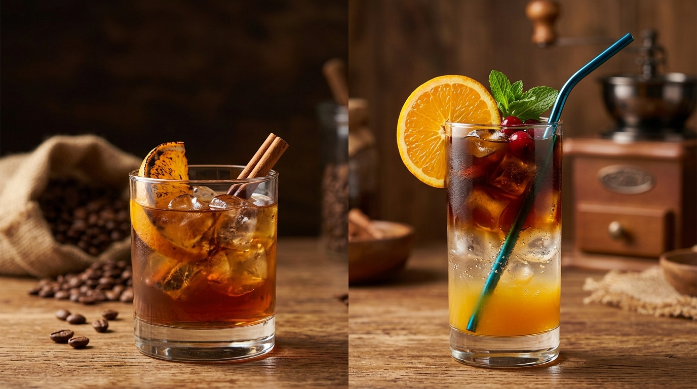 A comparison of a high-calorie cocktail and refreshing, low-calorie cold brew mocktails.