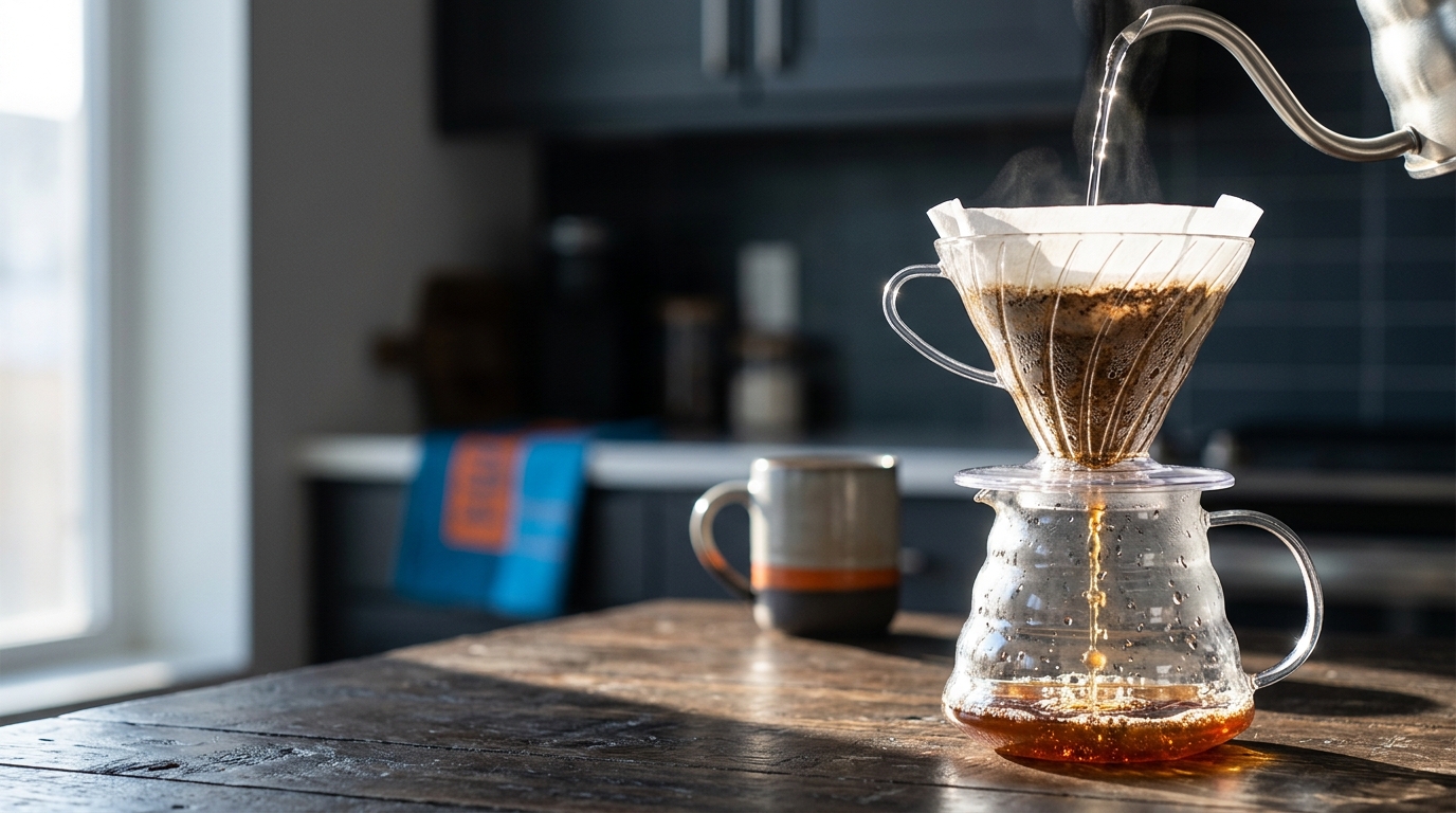 A close-up shot of a glass pour-over coffee maker on a wooden counter, illustrating ideal pour-over water chemistry.
