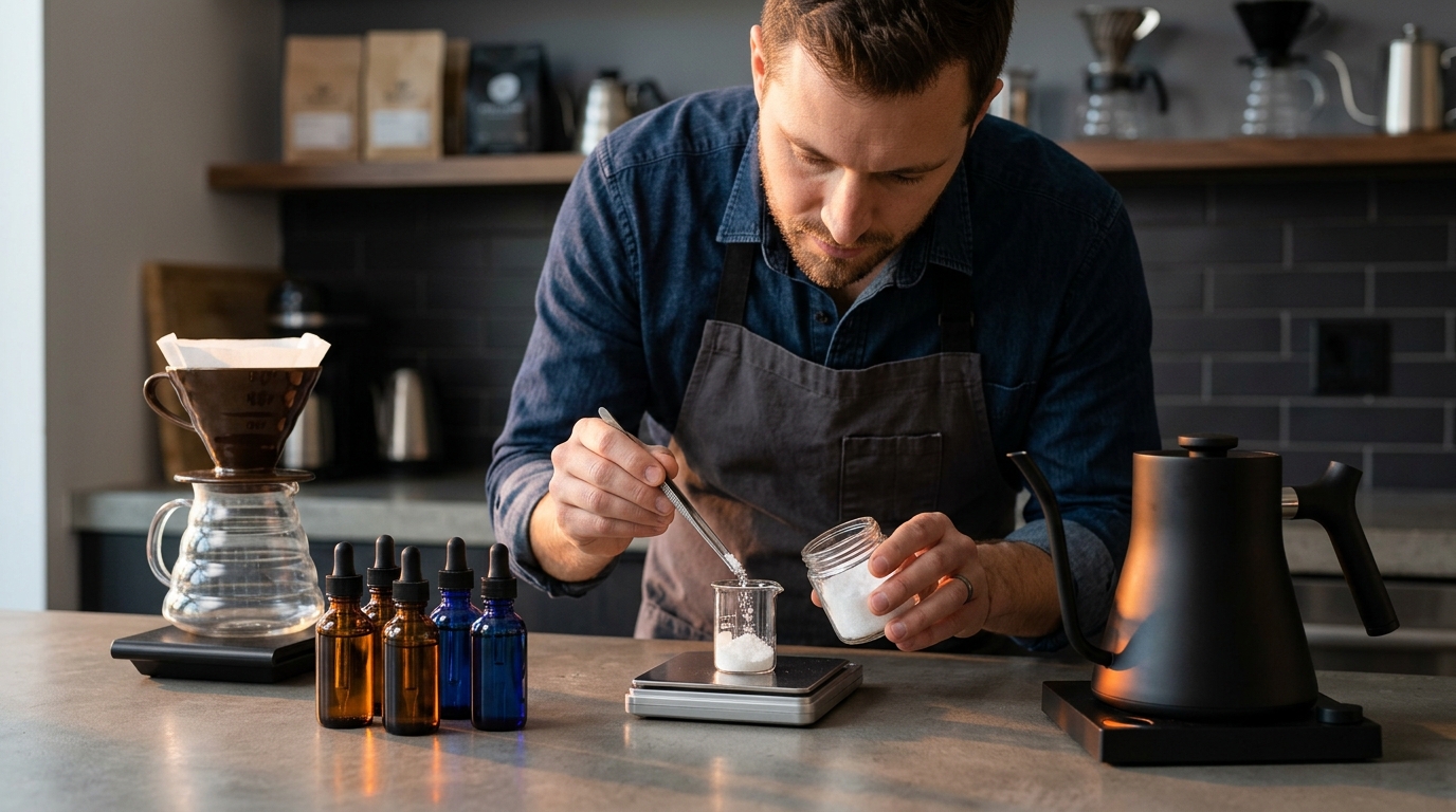 A stylish home barista carefully measuring white mineral powders for pour-over water chemistry.