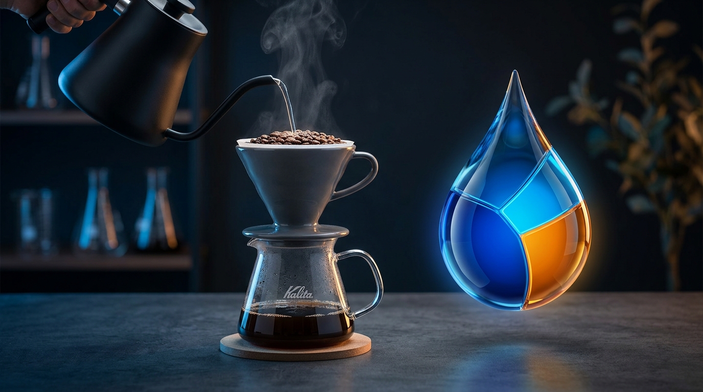 A vibrant infographic showing a large water droplet divided into color-coded mineral sections, with a brew-time timeline at the bottom.