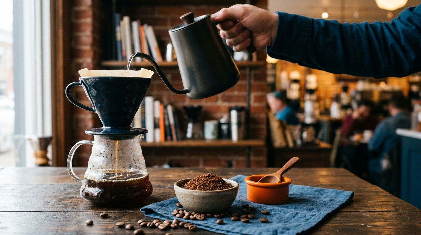 Freshly ground coffee beans to avoid common pour-over coffee mistakes.