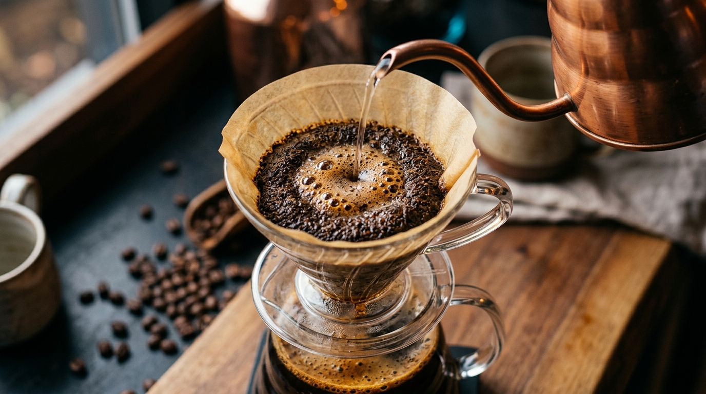 A glass pour-over dripper blooming to prevent pour-over coffee mistakes.