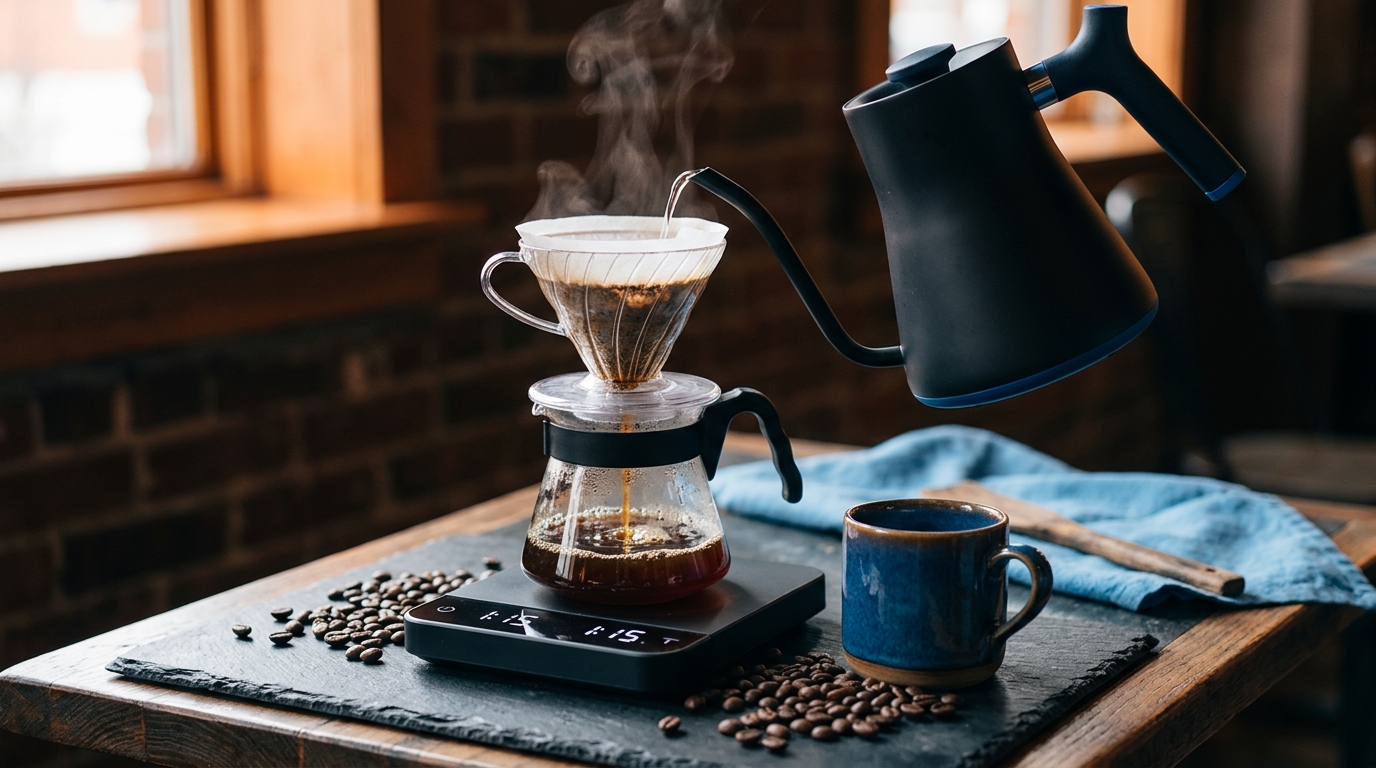 A sleek digital coffee scale displaying a perfect 1:15 coffee-to-water ratio under a modern gooseneck kettle.