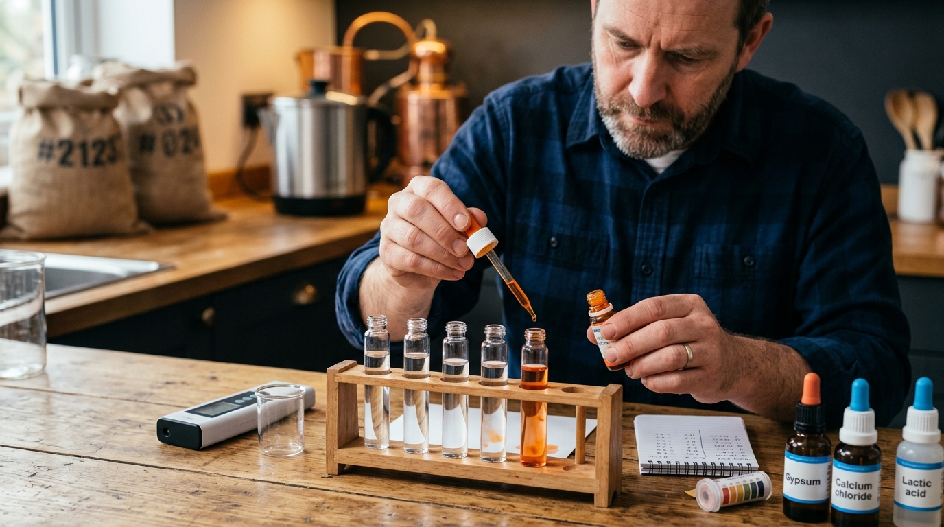 A close-up of a homebrewer testing water chemistry homebrew samples in small glass vials on a wooden kitchen counter.