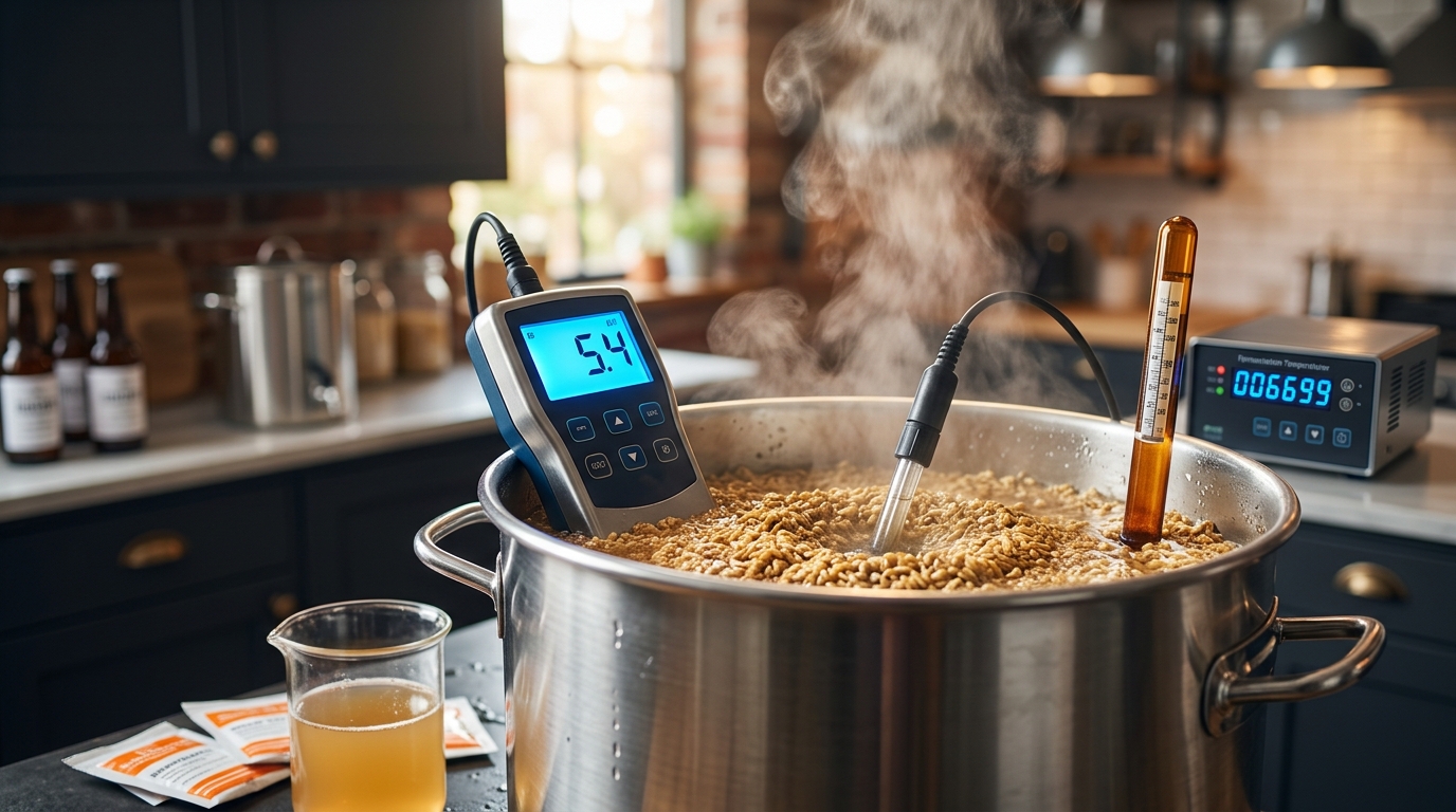 A steaming mash tun filled with crushed grains, with a digital pH meter displaying 5.4, showing water chemistry homebrew adjustments.