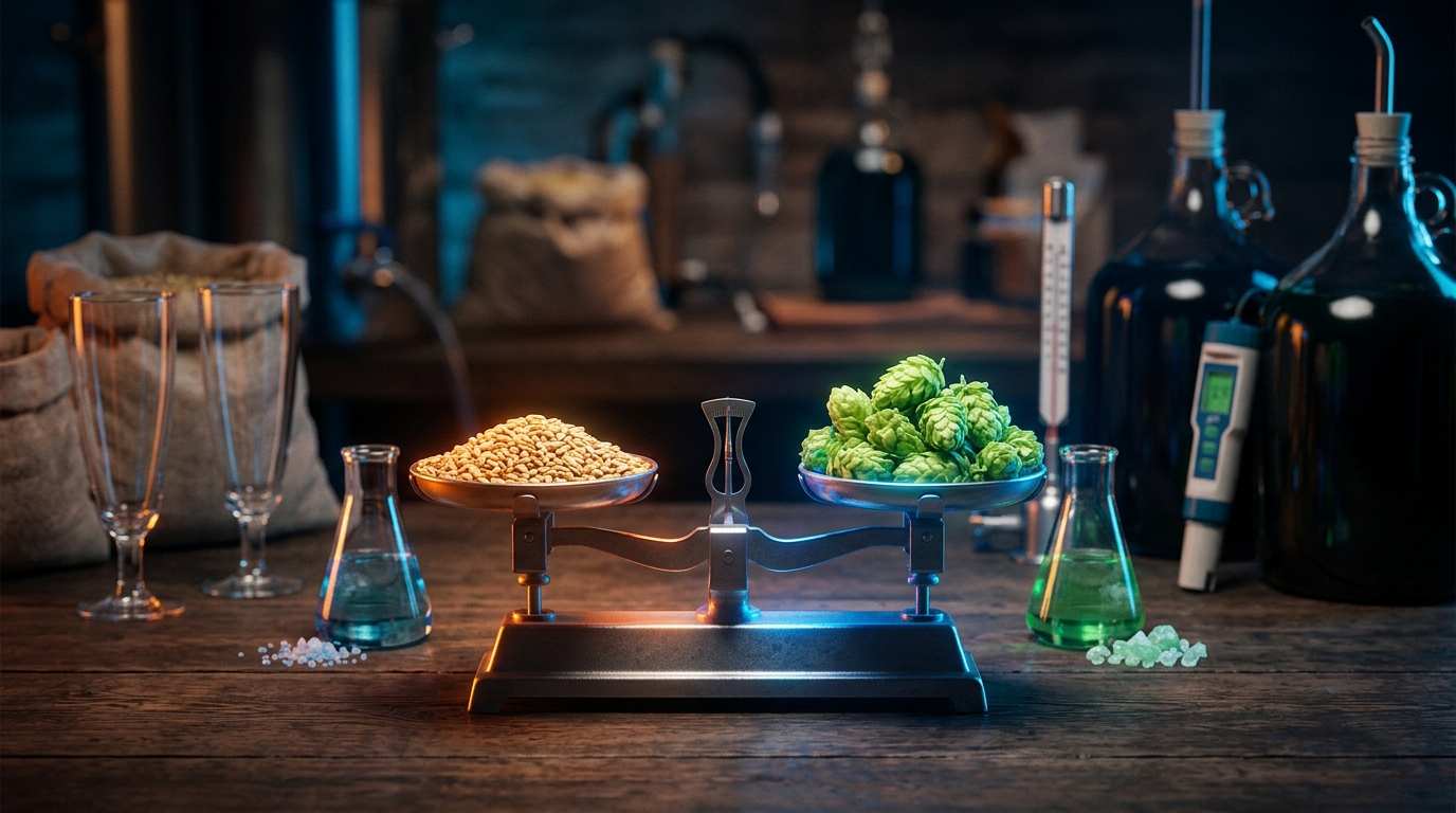 A vibrant infographic chart showing a seesaw balancing malt sweetness on one side with hop bitterness on the other, driven by chloride and sulfate levels.