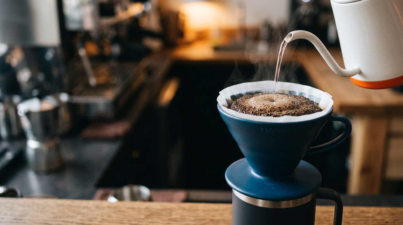 Pouring hot water over fresh grounds to stop bitter coffee in a ceramic dripper.