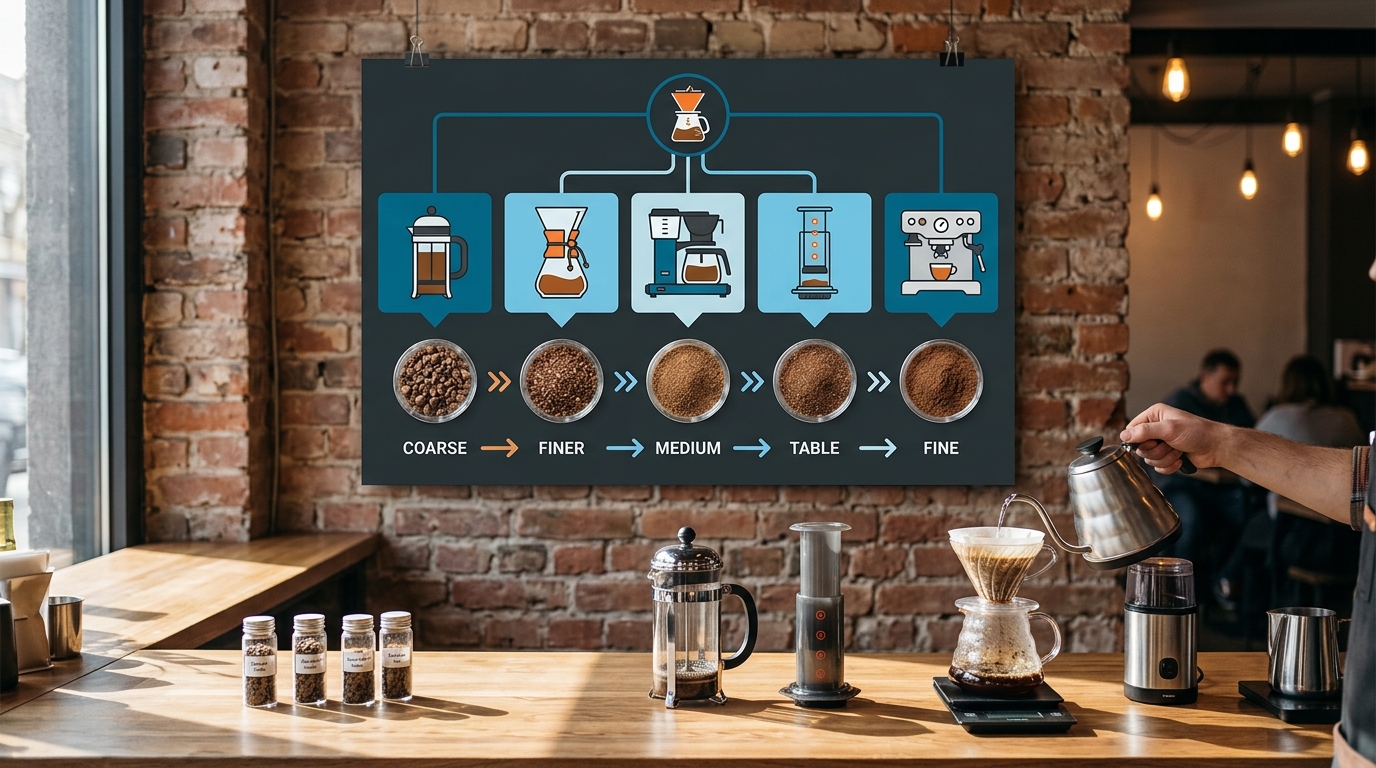 A beautifully designed infographic poster hanging above a wooden coffee bar, showing different coffee grind sizes mapped to specific brewing devices.