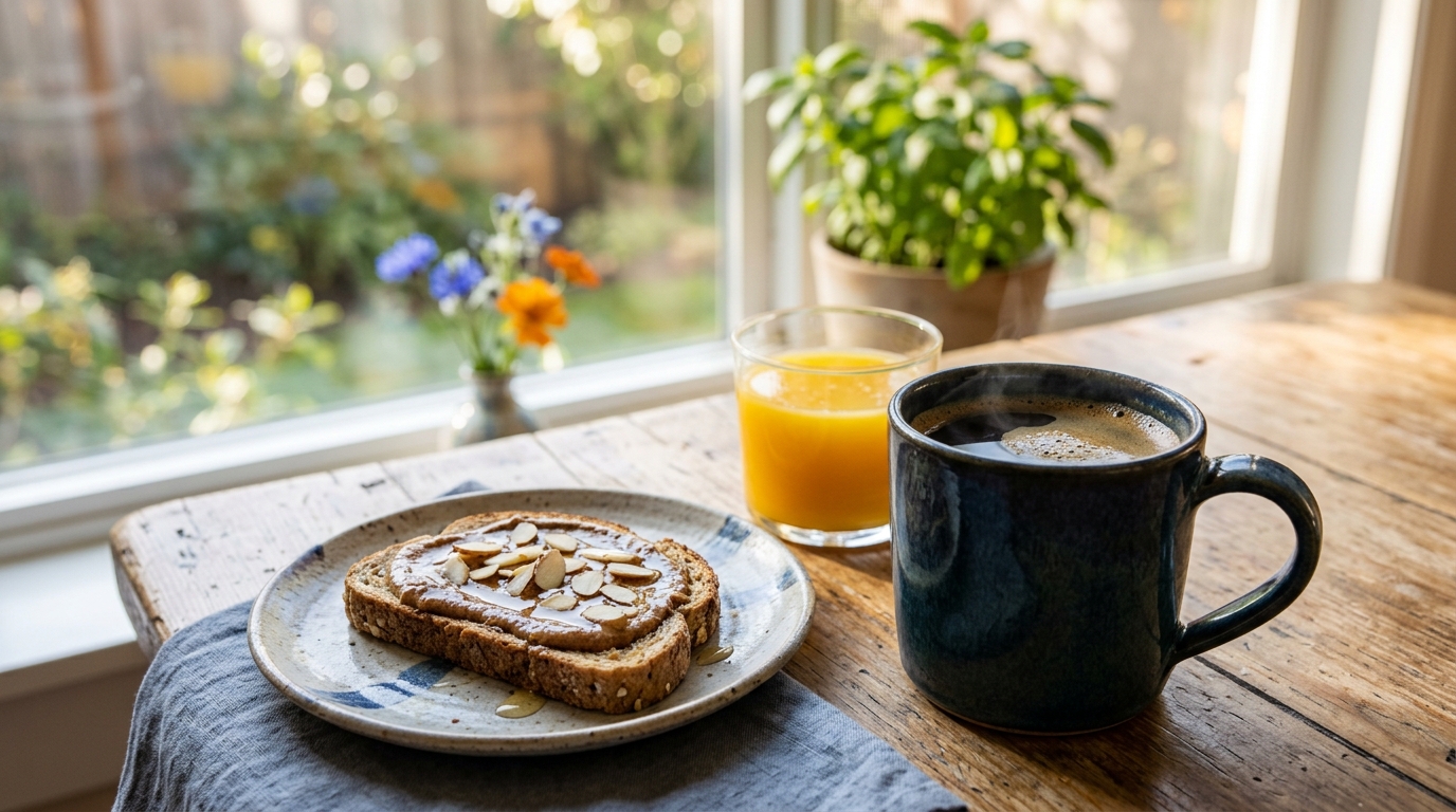 A cozy morning scene showing a steaming cup of coffee next to a plate of almond butter toast on a wooden table, supporting a healthy coffee gut microbiome