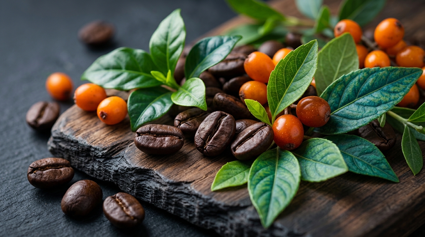 A close-up shot of rich, dark coffee beans surrounded by fresh green leaves and colorful berries to symbolize natural antioxidants for the coffee gut microbiome