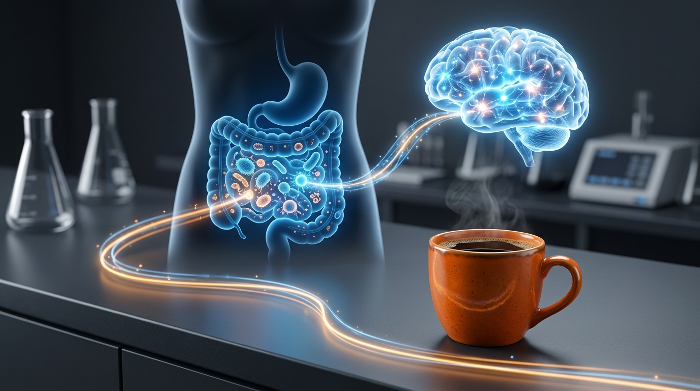 A stylized, modern infographic showing a glowing pathway from a coffee cup to a healthy human gut, and then connecting upwards to a bright, active brain