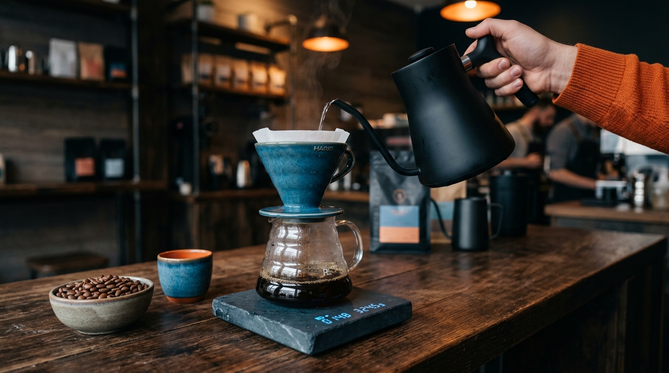A beautifully arranged coffee station featuring a V60 dripper, a gooseneck kettle, a digital scale, and fresh coffee beans on a wooden counter.
