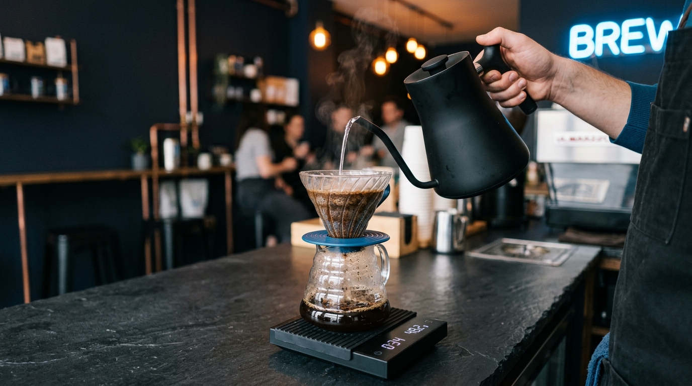 A close-up shot of a barista gently pouring hot water from a gooseneck kettle over fresh coffee grounds to initiate the bloom phase.