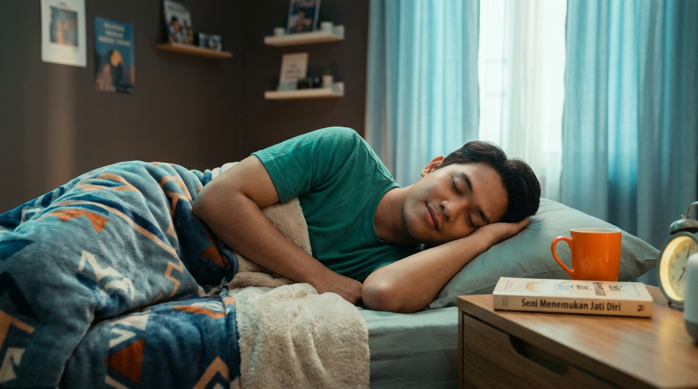 Seorang pemuda sedang tidur nyenyak sebagai bagian dari proses upgrade diri
