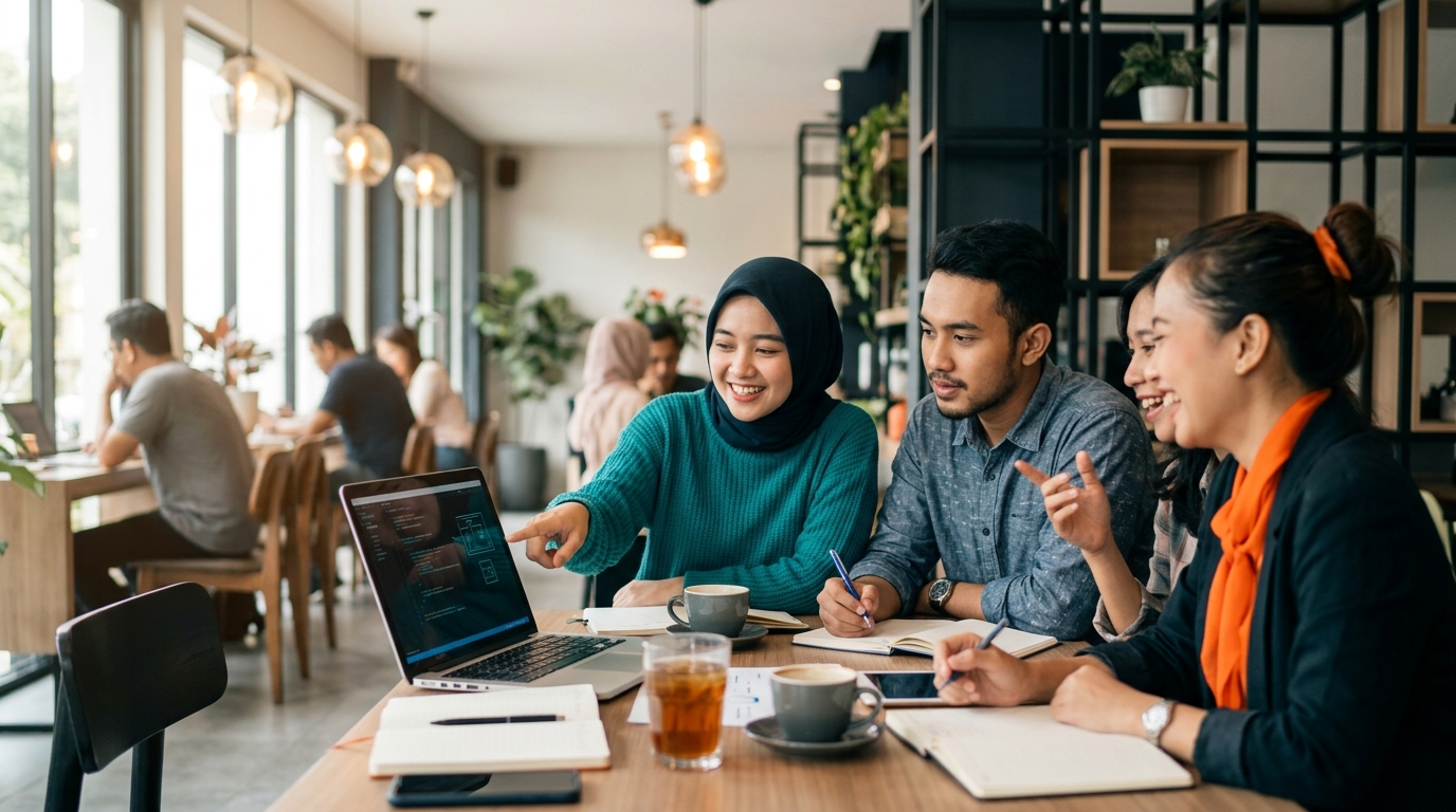 Sekelompok anak muda berdiskusi ceria di kafe untuk melakukan upgrade diri