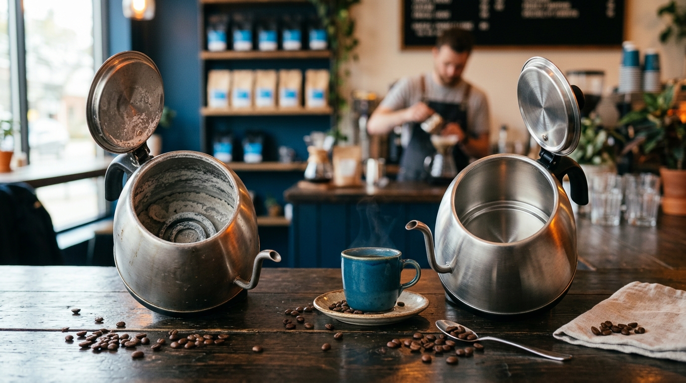 A side-by-side comparison showing a clean stainless steel kettle interior next to one heavily coated in white, chalky limescale buildup from using tap water for coffee.