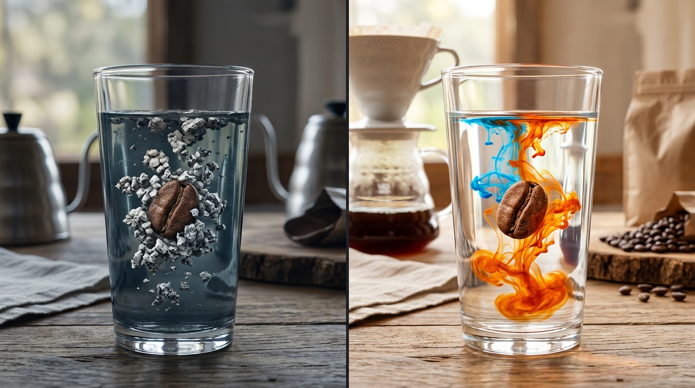 A vibrant, split-screen infographic illustrating a coffee bean in hard tap water with crowded mineral particles versus a bean in optimized water where flavor compounds flow freely.