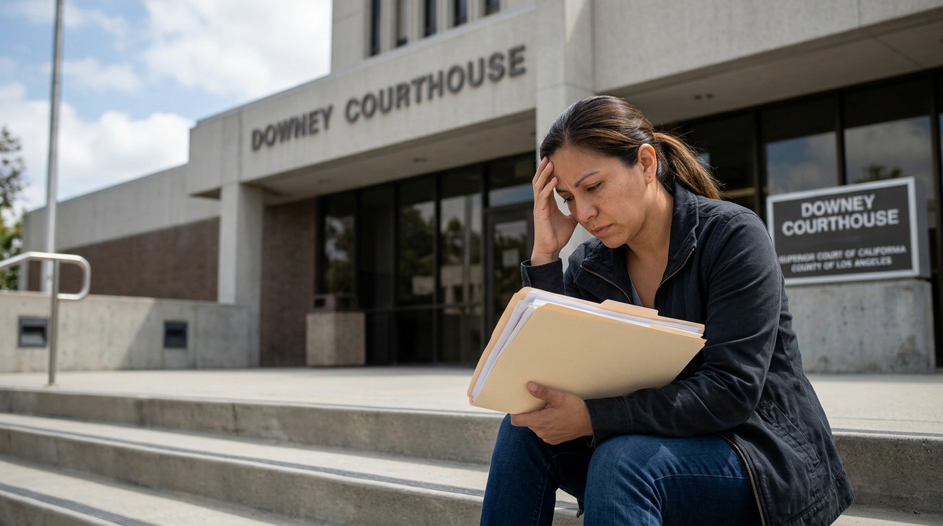 A stressed parent sitting on the steps of the Downey courthouse, holding a manila folder filled with legal documents.